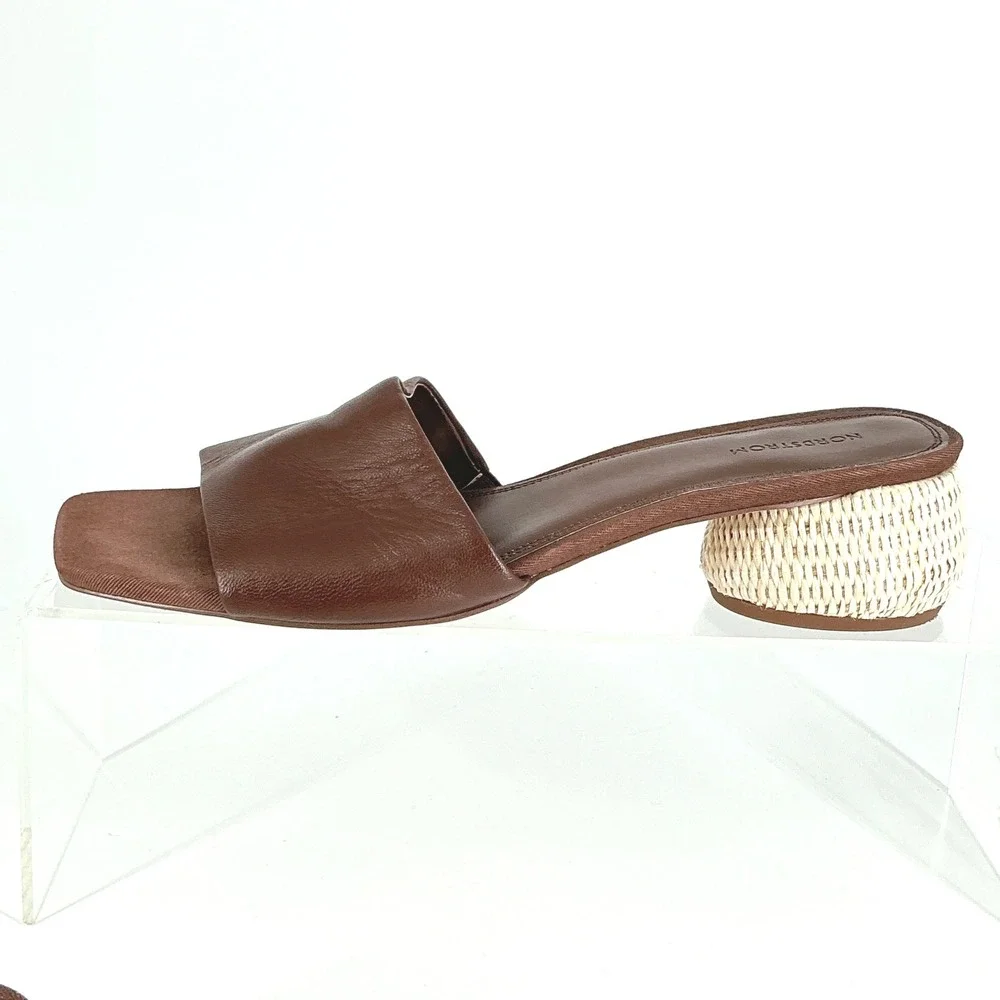 Nordstrom Size 9.5 Brown Leather Woven Raffia Block Heel Sandals Winona - Picture 4 of 12